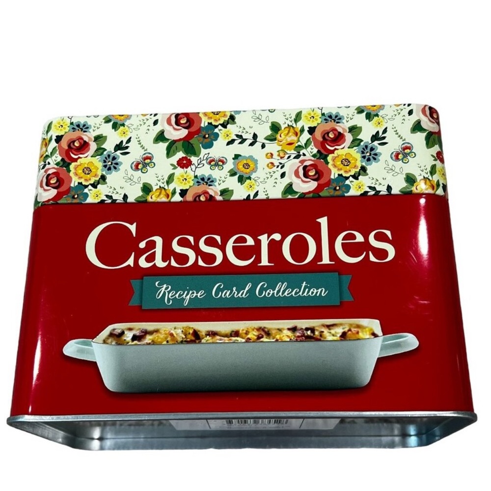 NEW Casseroles Recipe Card Collection Tin Box With Floral Lid & Dividers NIB